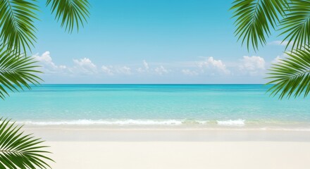 Tropical Beach Paradise with Turquoise Water and Palm Tree Fronds