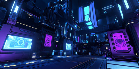 A sci-fi 3D background displaying a robotic cityscape with towering skyscrapers adorned with glowing holographic signs. The neon blues and purples contrast with the sleek metallic surfaces, creating a