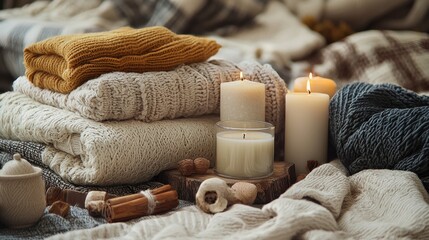 A collection of comforting items like candles and blankets