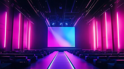 Empty Auditorium Stage with Glowing Screen and Vibrant Neon Lighting