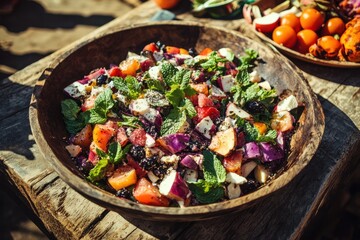 Fresh Colorful Salad with Mint and Fruits on Rustic Wooden Table