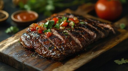 Grilled flank steak with fresh herbs and spices.
