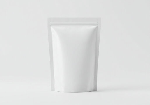 Food Doypack Packaging Mockup. A high-quality, studio shot of a blank, white pouch