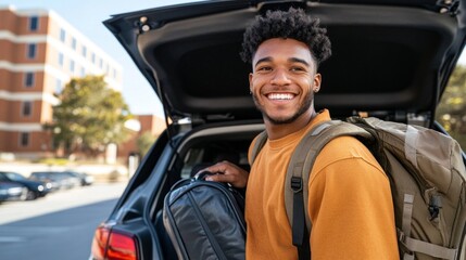 A young man, possibly a college student, standing next to an open vehicle, smiling, holding a backpack and looking towards the camera.