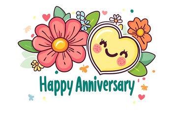 Fototapeta premium Cute Cartoon Heart-Shaped Happy Anniversary Card
