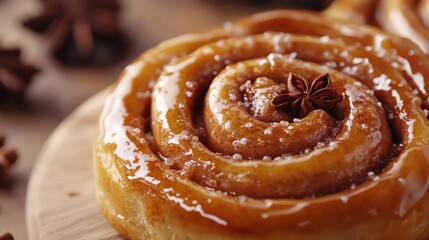 Fototapeta premium Glossy Cinnamon Roll with Star Anise on a Wooden Board