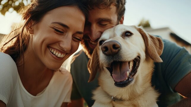 "Image of couple hugging golden retriever, smiling towards camera." - Powered by Adobe