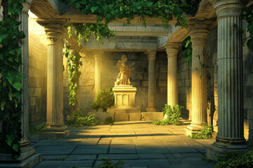 A mysterious ancient Greek temple interior 3D background room with massive marble columns, golden statues of gods, intricate frescoes depicting legendary battles, a sacred altar glowing with divine