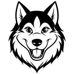 Naklejka premium A smiling husky dog's face in black and white. The dog is looking friendly and happy with it's tongue out
