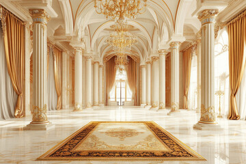Obraz premium A vast desert oasis palace 3D background room with tall marble columns, golden chandeliers, and intricate Persian rugs. Soft natural sunlight filters through sheer silk curtains, adding warmth to the