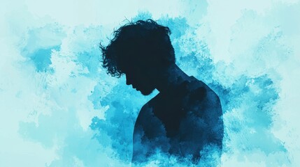 Abstract illustration of mental health, illness, depression, and isolation. Silhouette of a person against a blue watercolor background, conveying a sense of introspection and calmness.