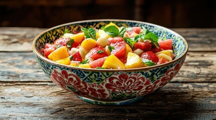 A colorful bowl of mixed fruit salad