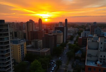 Golden hour cityscape, vibrant sunset hues reflecting on buildings, panorama, city