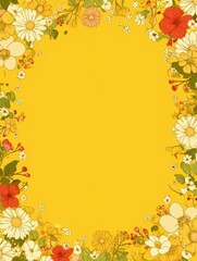 Fototapeta premium Colorful floral border on yellow background with daisy and poppy patterns.