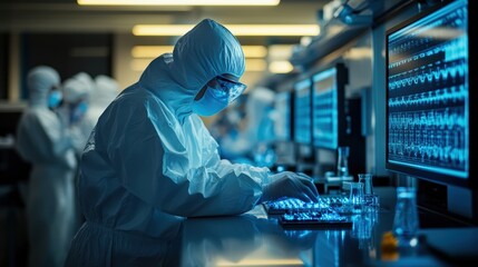 Medical researchers in protective gear work at computers, monitoring and analyzing critical data in a high-tech laboratory
