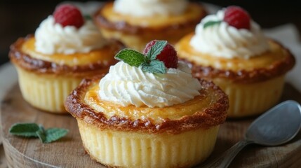 Delicate, golden-brown mini cakes topped with fluffy whipped cream and fresh raspberries