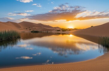 Obraz premium A sunset view of an oasis in the desert, still water