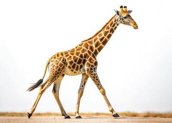 Fototapeta premium High-resolution wildlife photography captures a lone giraffe's elegant walk.