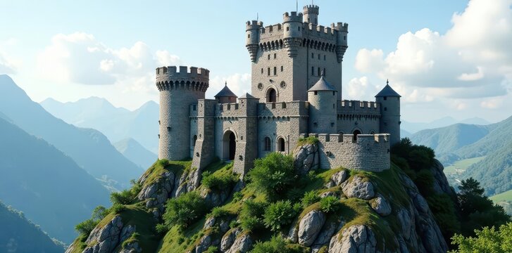 Imposing stone castle, towering turrets, crenellated walls, tall, building