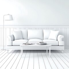 A pristine all white interior featuring a sofa and coffee table