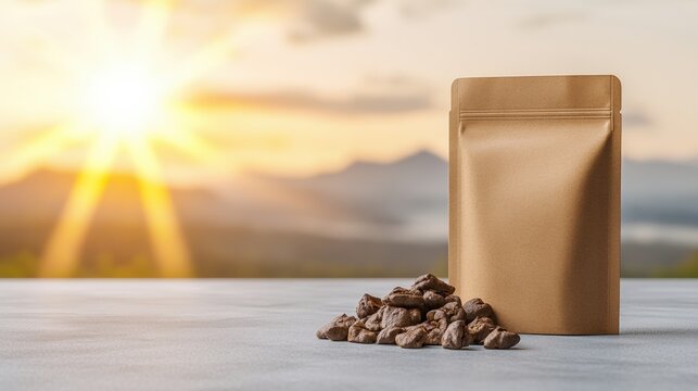 A stand-up kraft paper pouch displaying premium coffee beans ready for use in delicious brews and enjoyable sips