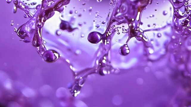 An eruption of deep violet berry juice droplets rushing toward the camera in slow motion, glossy and slightly sticky with a rich, organic texture, reflecting subtle purple hues under studio lighting 