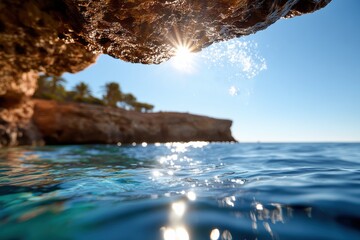 Fototapeta premium A captivating view from under a cliffside, showcasing sparkling sunlit waters with droplets cascading gracefully into the serene ocean below.