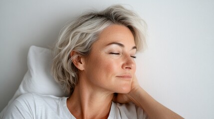 A tired-looking woman asleep in bed.