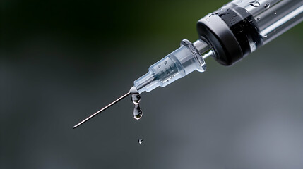 Closeup of Syringe with Droplet Needle Pointing Downward
