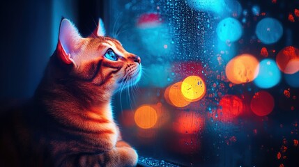 Cat looking out window at night lights