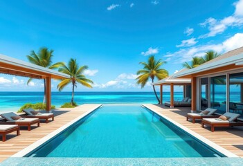 Luxury beachfront villa, panoramic ocean vista, open-air design, tropical paradise, swimming pool,  resort