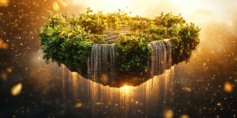 A surreal 3D background depicting a floating island with lush greenery, waterfalls cascading into the void below, and soft golden light illuminating the scene. The dreamlike setting evokes a