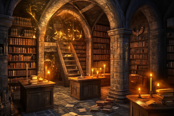 Obraz premium A mystical library of ancient knowledge 3D background room filled with towering bookshelves, enchanted floating candles, and hidden passageways. Dusty old tomes and magical artifacts rest upon