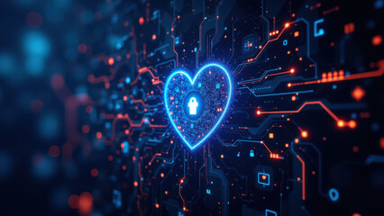 A digital heart with a lock symbol at its center, surrounded by techy elements like circuitry and lights, symbolizing cybersecurity and protection of data.