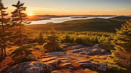 Golden sunrise over Monhegan Island's coastline from Eisman Peak, Maine, with Mount Avondale's pine silhouettes casting shadows on lakes below the Vinyard District. Late summer morning panorama under 