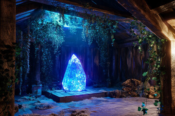 A mystical enchanted forest cabin 3D background room, where bioluminescent plants glow softly in the dim interior. Vines creep through wooden beams, and a magical crystal emits a soft blue aura in the