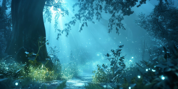 A fantasy-themed 3D background depicting an enchanted glowing forest with bioluminescent plants and misty, ethereal lighting. The soft blue and green hues enhance the magical and mysterious setting.