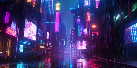 Fototapeta premium A cyberpunk-themed 3D background showcasing a neon-lit cityscape with towering digital billboards and rain-soaked streets reflecting vibrant colors. The moody lighting and futuristic aesthetic create