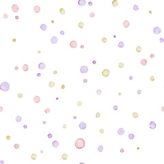 Seamless watercolor polka dot pattern. Playful and versatile pattern of scattering of hand-painted watercolor polka dots in a variety of soft pastel colors