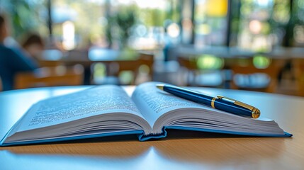 Open book, pen on table in cafe
