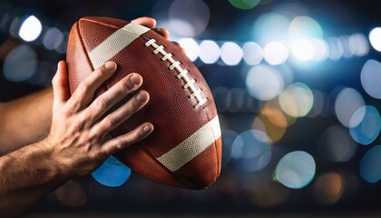 A close up view of the hands holding an American football against a bokeh background; dramatic and cinematic; 