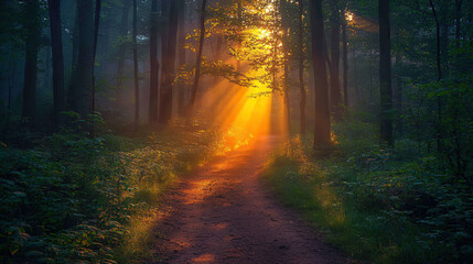 Obraz premium Sunlight streaming through trees on a forest path nature exploration serene environment early morning