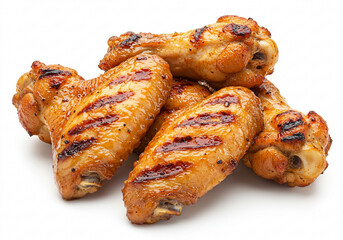 grilled chicken wings traditional tasty delicious meat meal pieces on white background. Close-up of piled high with perfectly grilled chicken wings.