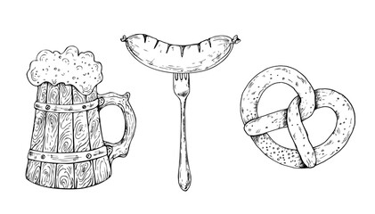Vector grilled sausage on fork. Bavarian pretzel, Brezel with salt. Graphic German beer, bratwurst illustration isolated on background. Hand drawn line sketch. For designers, prints, postcards