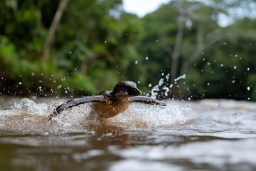 Fototapeta premium A bird swims energetically in a river, showcasing its agility and grace while creating splashes around it. This moment captures the essence of wildlife in a vibrant natural habitat.