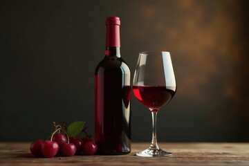 Obraz premium Full bottle & half-filled glass of rich red wine , product, elegant, delicious