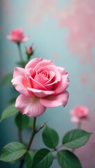 Fototapeta premium Single pink rose in focus, soft-focus floral background , macro, rose