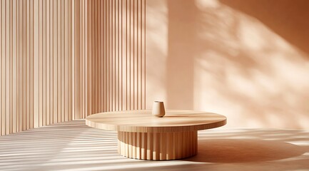 Stylish modern interior featuring a round wooden table in soft natural light