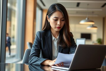 Fototapeta premium Businesswoman Focusing on Laptop in Modern Office Environment