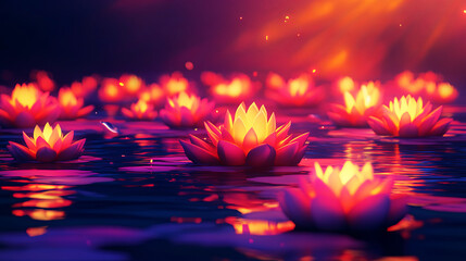 Futuristic glowing lotus flowers on water in beautiful colors on a dark background